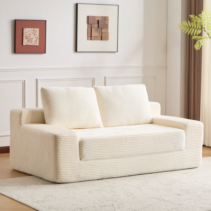 Zweisitzer-Sofa, Bequemes Sofa-Bett mit tiefer Sitzfläche, Modernes kleines Cord-Sofa für Wohnzimmer und Schlafzimmer, Umkehrbare Sitzkissen mit Kissen, Keine Montage erforderlich, Weiß
