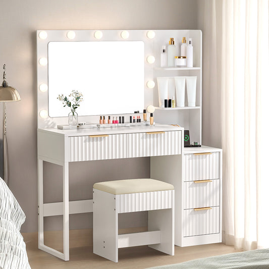 Weiße Spanplatte mit Melaminbeschichtung, 5-Schubladen, 2-Regal Ankleidetisch-Set mit 11 Dreifarb-Lampen, Stromverteiler und Gitter.