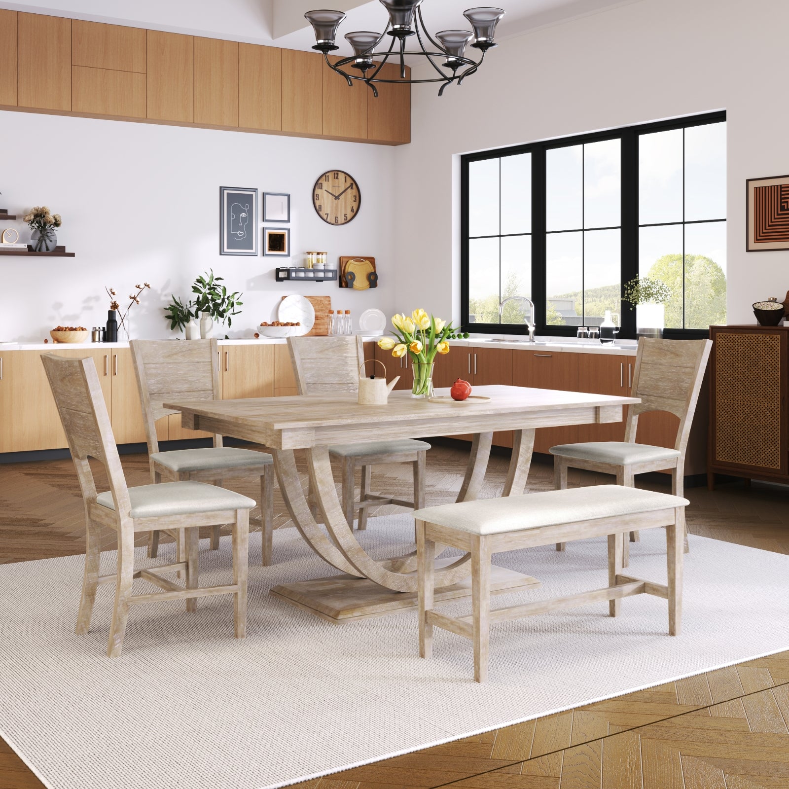 Natural Wood Dining Set Half-Round Table Bench