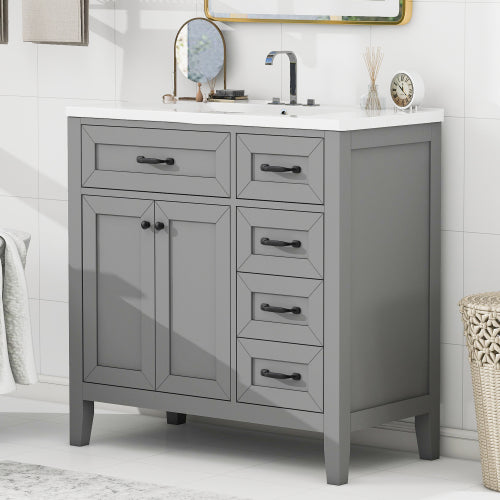 36 Zoll Badezimmerschrank mit Waschbecken-Kombination, grauer Badezimmerschrank mit Schubladen, massiver Rahmen und MDF-Platte