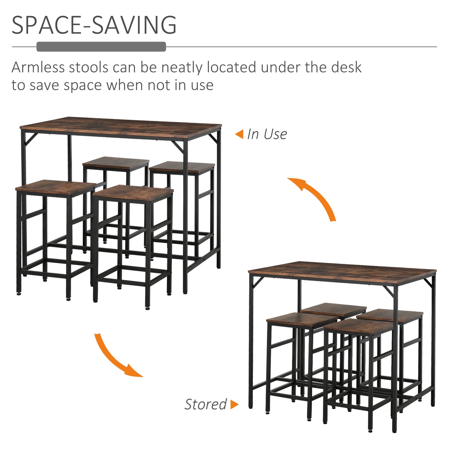 5 Piece Modern Dining Table and 4 Stools Industrial Dining Set with Footrest & Legs