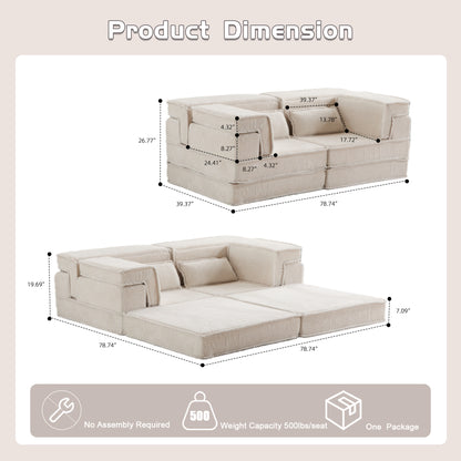 Kompressions-Mahjong-Sofa, umklappbares Boden-Sofabett, DIY knochenloses modulares Sektionssofa, keine Montage erforderlich, runder Fleece-Stoff, modernes überdimensioniertes Zweiersofa, Weiß
