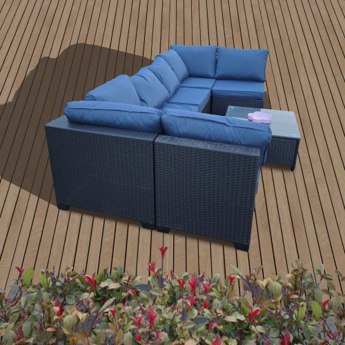 Siebenteiliges Sofaset mit Tisch und Sessel, Schwarz, PE-Rattan, Außenmöbel 7-JH001, Karton 3-1-2-3 mit blauen Sitzkissen