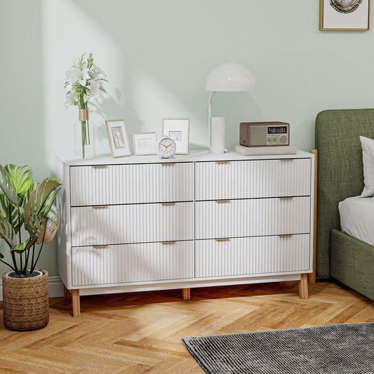 6-Schubladen-Doppelkommode für das Schlafzimmer, geriffelte Schubladenschrank mit goldenen Griffen und 5 Holzbeinen, weiß