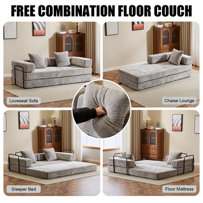 Boden-Couch, Kompressions-Sofa, Umwandelbares Boden-Sofa-Bett – mit Kissen-Rückenlehne und Armlehne, Bequeme Futon-Couch-Liege-Schlafsofa, Chenille-Stoff, für Wohnzimmer und Schlafzimmer HELLGRAU