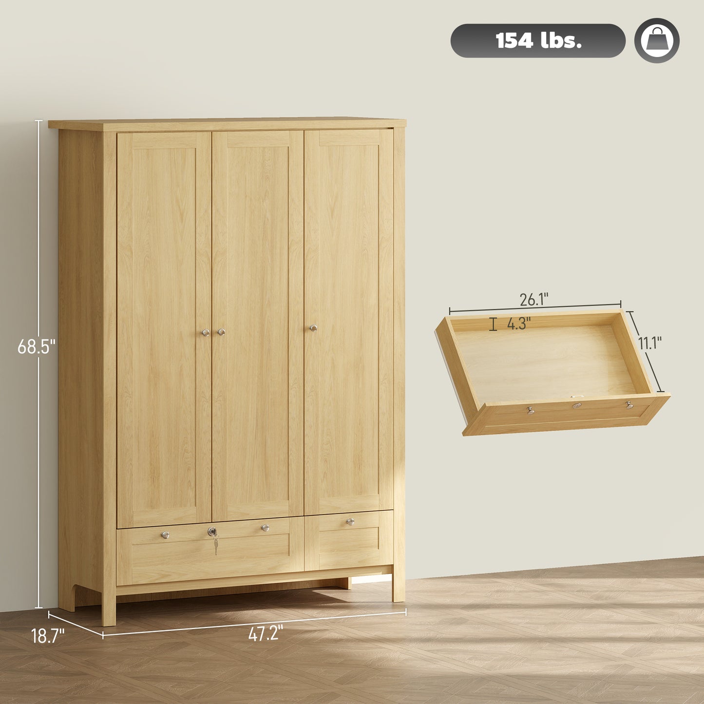 3 Doors Wardrobe Closet with 2 Drawers