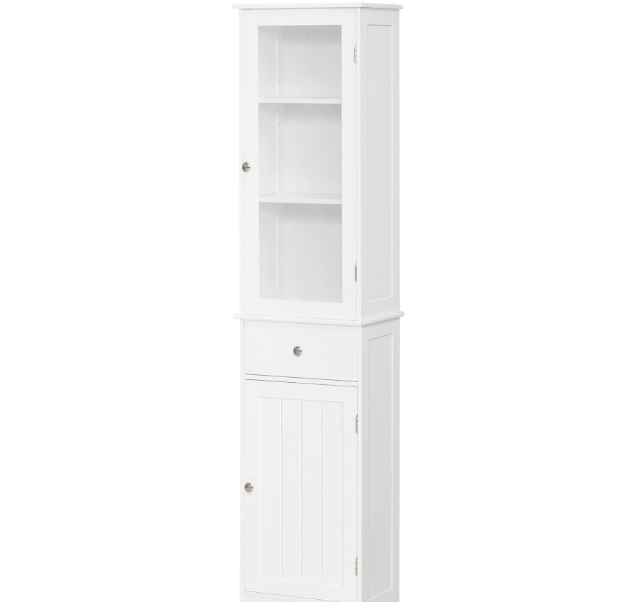Kleankin Slim Badezimmerschrank Hochschmal Wäscheturm mit Acryl-Tür, Schublade und Regalen Weiß