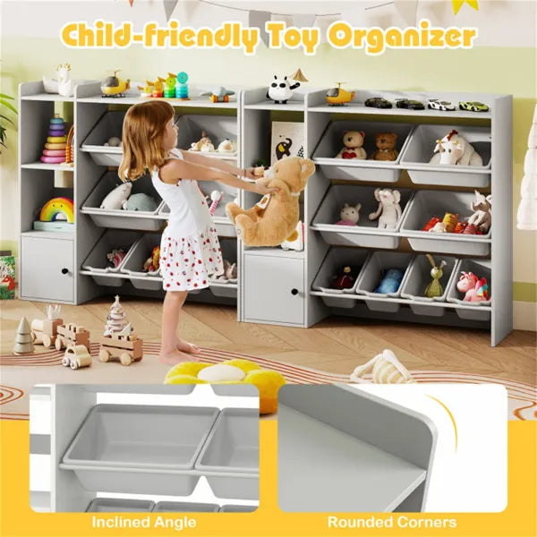 Kinder-Spielzeug-Organizer (Grau) - 112 cm x 30,5 cm x 100 cm, 8 Aufbewahrungsboxen, offene Regale + Schrank.
