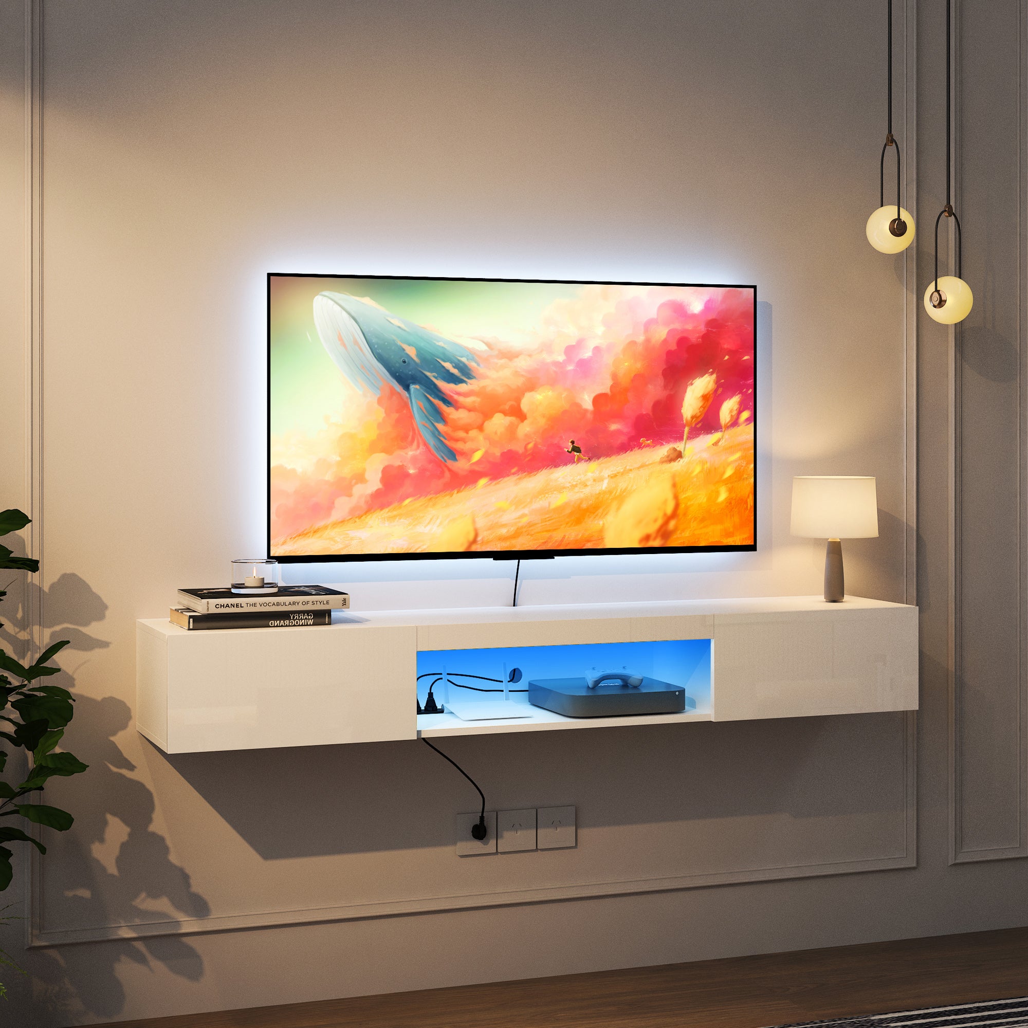 Schwebender TV-Ständer Wandmontiert mit 16-farbigen LEDs, Moderner TV-Ständer, Schwebender TV-Schrank Entertainment-Center für 55 60 65 Zoll TV, Weiß