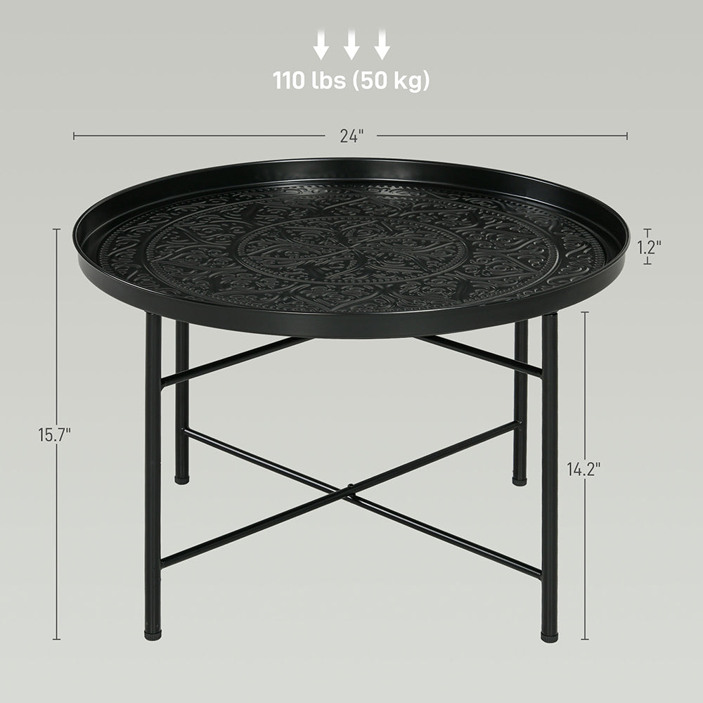 Couchtisch für das Wohnzimmer, 24-Zoll runder Mittelstisch mit gehämmertem Tablett-Oberteil und Metallrahmen für das Schlafzimmer, schwarz
