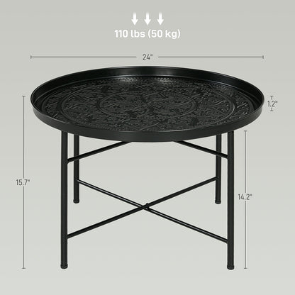 Couchtisch für das Wohnzimmer, 24-Zoll runder Mittelstisch mit gehämmertem Tablett-Oberteil und Metallrahmen für das Schlafzimmer, schwarz