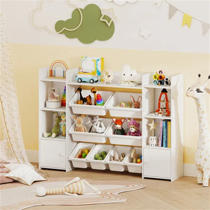 Weißes multifunktionales Kinderregal - Spielzeugorganizer + Bücherregal, 142 cm x 30 cm x 99 cm, Umkippsicherung, Tragfähigkeit 120 kg