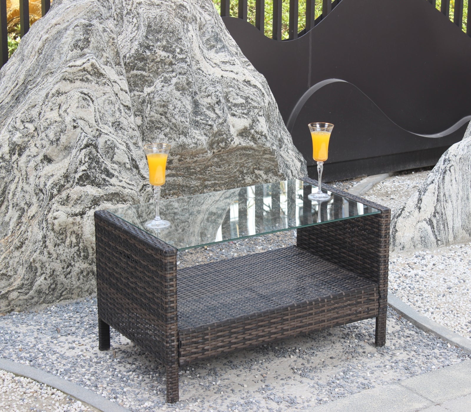 Brown Iron Coffee Table Tempered Glass Patio