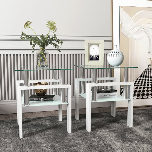 Set aus 2, Moderner Tee-Tisch Kaffeetisch Beistelltisch aus Temperglas, Quadratischer Tisch für das Wohnzimmer, Transparent Weiß