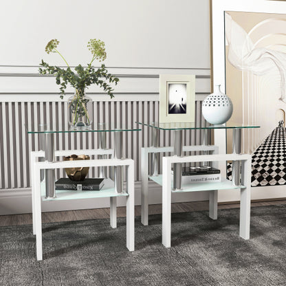 Set aus 2, Moderner Tee-Tisch Kaffeetisch Beistelltisch aus Temperglas, Quadratischer Tisch für das Wohnzimmer, Transparent Weiß