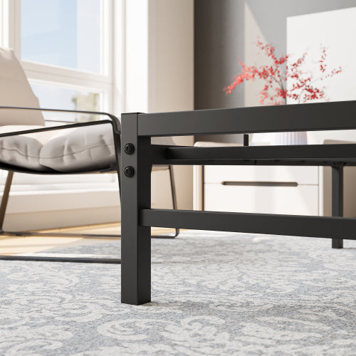 Queen-Size-Platform-Bettgestell mit rustikalem, vintage Holz-Kopfteil, starke Metallleisten stützen die Matratzenunterlage, keine Boxspring-Federkern erforderlich, rustikales Braun