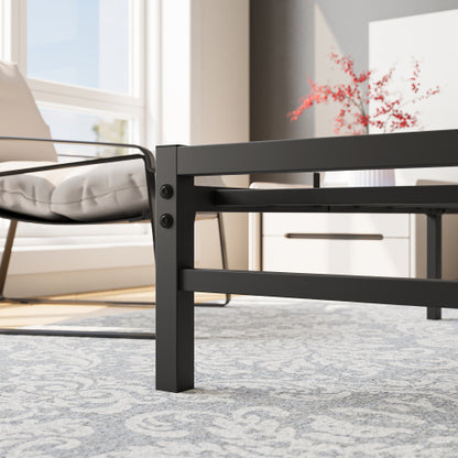 Queen-Size-Platform-Bettgestell mit rustikalem, vintage Holz-Kopfteil, starke Metallleisten stützen die Matratzenunterlage, keine Boxspring-Federkern erforderlich, rustikales Braun