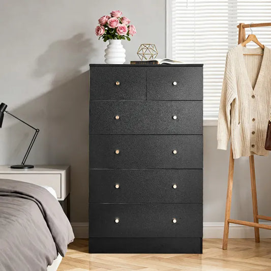 Schwarzer Mattlackiertes Spanplatte mit Melaminfurnier, 66*40*111 cm, Schrank mit 4+2 Schubladen, Mattgoldene Griffe