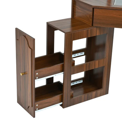 Eckiger Schminktisch-Set mit Stauraum, gepolstertem Hocker und Ladestation, dreieckiger Schminktisch mit herausziehbarem seitlichen Schrank, Glasplatten-Schminktisch mit Schublade und Regal, Walnuss
