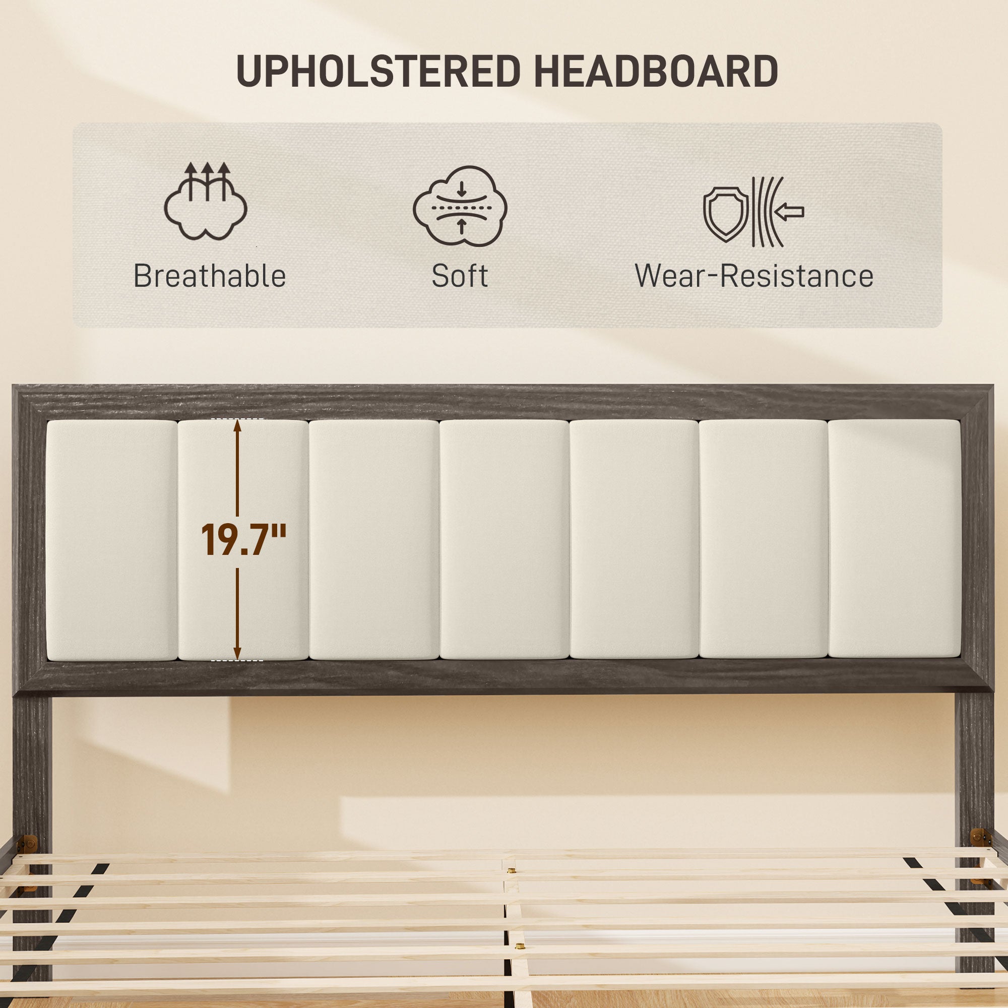 Bettgestell Queen-Size mit Kopfteil, Plattform-Bettgestell mit Holzlatten, kein Boxspring nötig, Anthrazitgrau