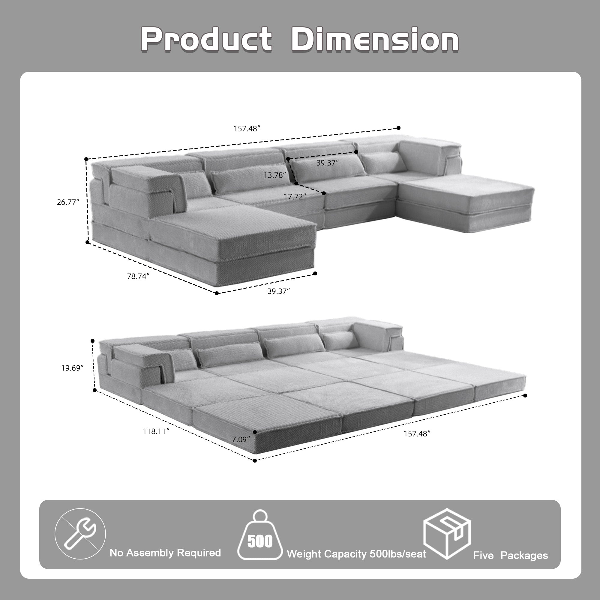 Light Grey Sectional Sofa Fleece Modular Design