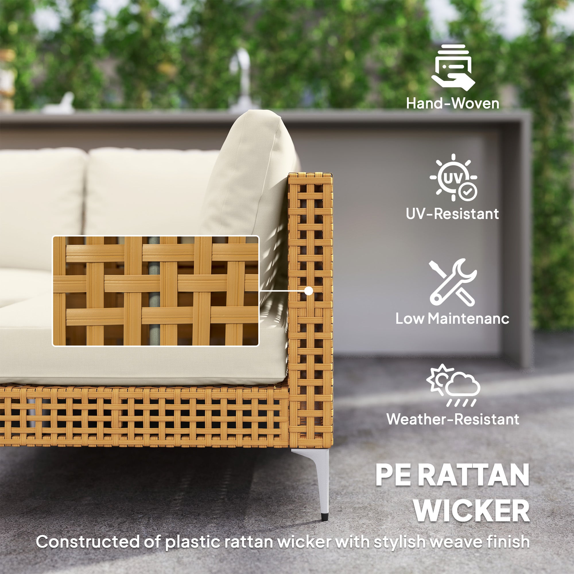 7-teiliges Korbmöbel-Set für die Terrasse, modulares Außensofa mit verdickten Polstern, Tisch aus Akazienholz, Khakibeige