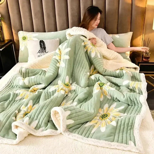Soft mint green cozy milk velvet blanket with embroidered daisy patterns and fluffy white border for bedroom warmth