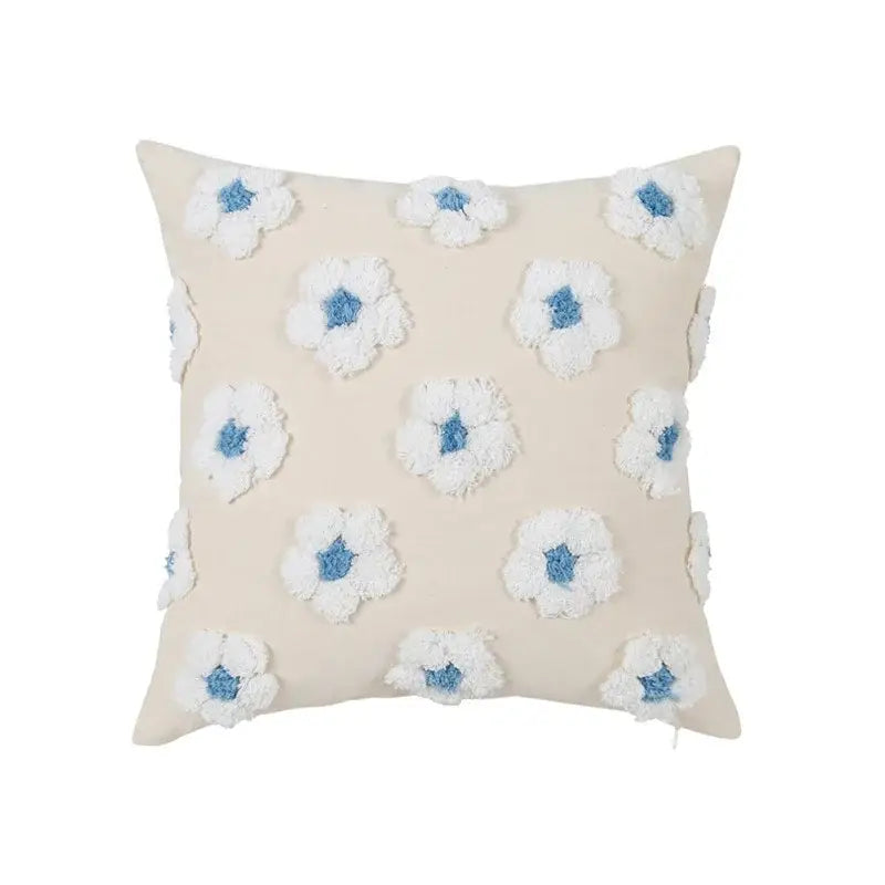 Beige cushion cover with white and blue textured floral appliqués for decorbites daisy flora embroidered living room decor