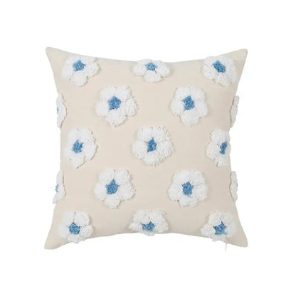 Beige cushion cover with white and blue textured floral appliqués for decorbites daisy flora embroidered living room decor