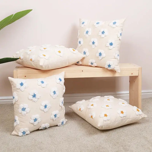 Cream-colored cushion cover with 立体 embroidered white and blue flowers daisy flora embroidered decorbites daisy flora