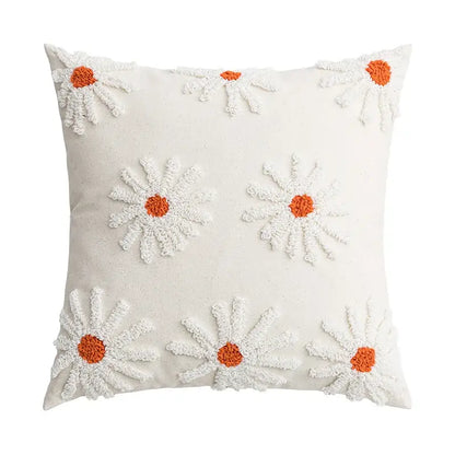 Cream-colored cushion cover with daisy flora embroidered white daisies and orange centers for living room decorbites decor