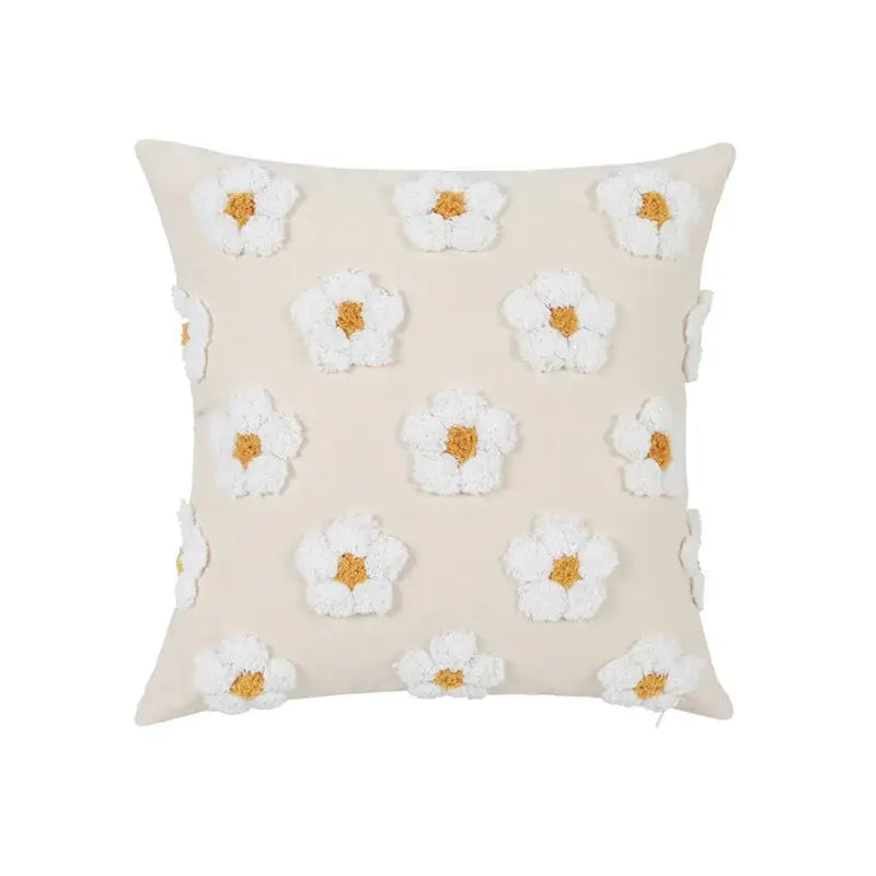 Beige cushion cover with white textured daisies and golden centers for decorbites daisy flora embroidered decor