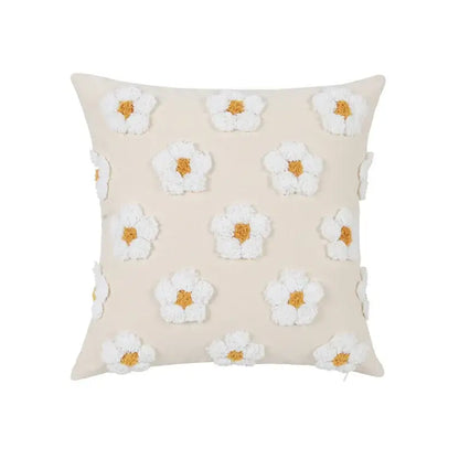 Beige cushion cover with white textured daisies and golden centers for decorbites daisy flora embroidered decor