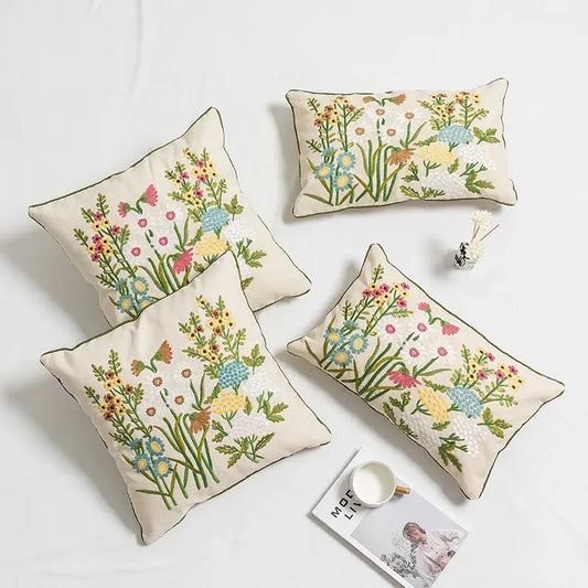 Beige rectangular pillow cover with decorbites daisy floral embroidery and green stitching for bedroom decor