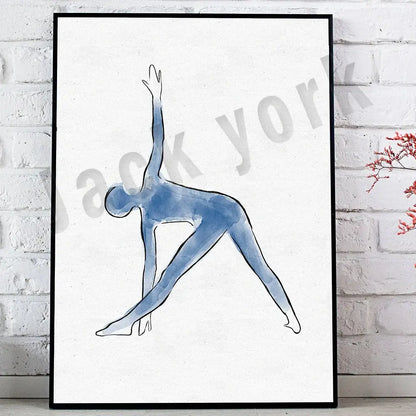 Blue watercolor illustration of a yoga pose in black frame from decorbites dance king yoga print set bedroom art