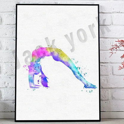 A vibrant dance king yoga print featuring a figure in arching pose with rainbow watercolor hues in a black frame