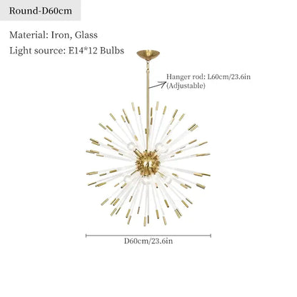 Dandelion golden ball starburst chandelier in gold and clear glass with iron hub and 12 e14 bulbs for dining room decor