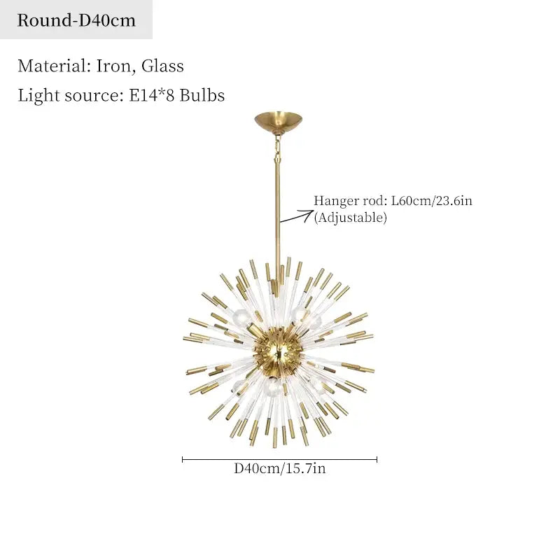 Dandelion golden ball starburst chandelier with gold-toned iron frame and clear glass for white dining room decorbites