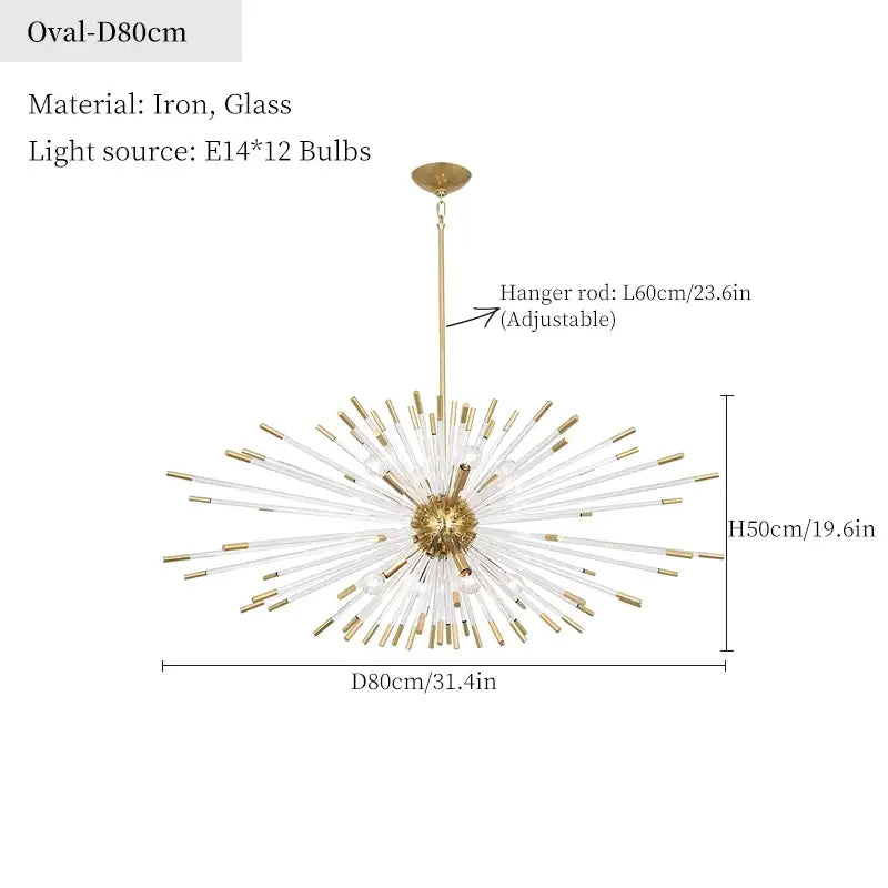 Dandelion golden ball starburst chandelier with gold-toned iron hub and clear glass sputnik design for dining room decor