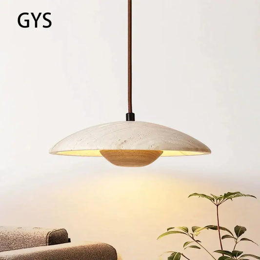 Danish cream stone pendant lamp with textured off-white shade and wooden base suspended by braided cord for bedroom decorbites cream stone