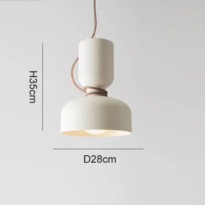 Cream-colored ceramic pendant light with woven rope detail and wrought iron cord pendant for modern kitchen lighting