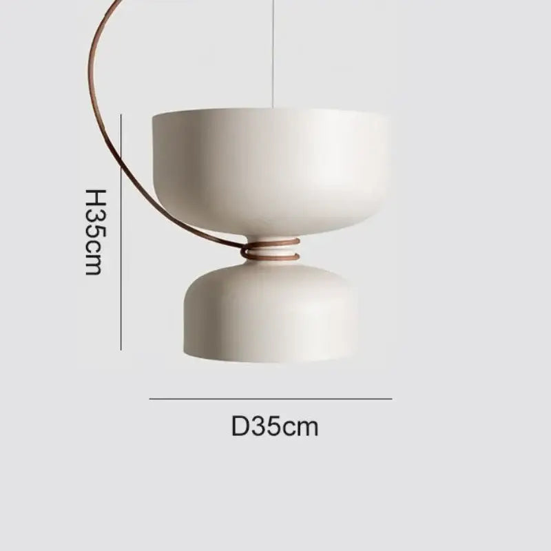 Cream-colored ceramic pendant light with copper-toned wrought iron arm and base featuring an led bulb for kitchen use