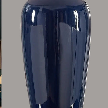 Dark blue ceramic table lamp with remote control featuring a sleek glossy navy blue vase base decorbites dark blue