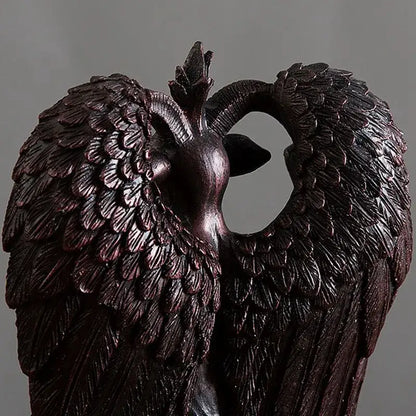 Dark bronze resin horned devil statue featuring two ravens forming a heart shape for office gothic decor