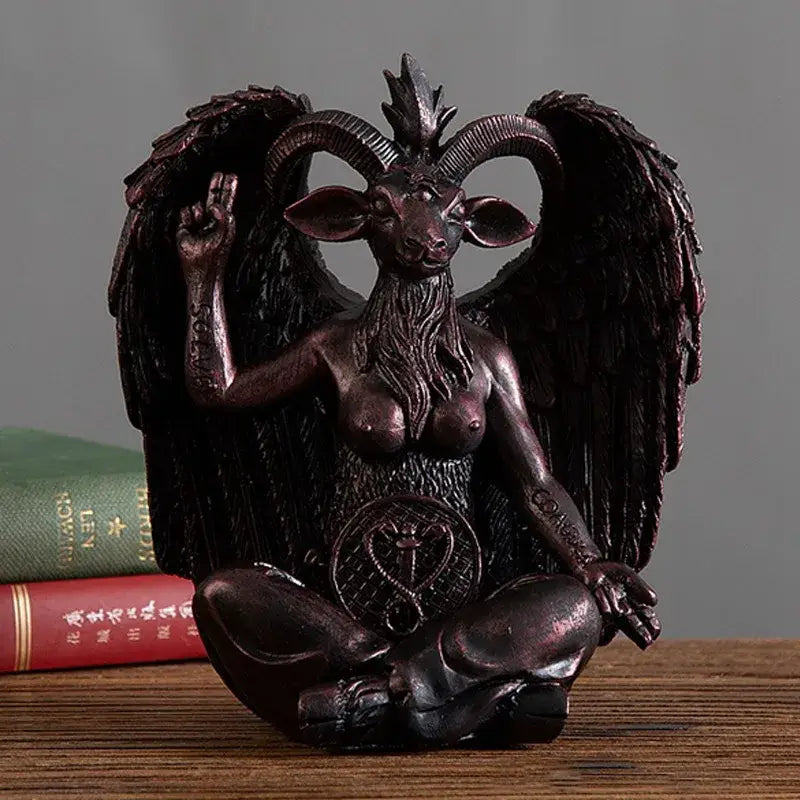 Dark bronze baphomet resin statue with intricate tattoos and raised hand for gothic living room decor