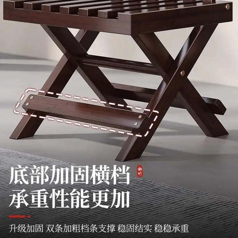 Dark brown bamboo low stool folding living room chair with slatted seat and reinforced x-shaped legs for decorbites bamboo low use