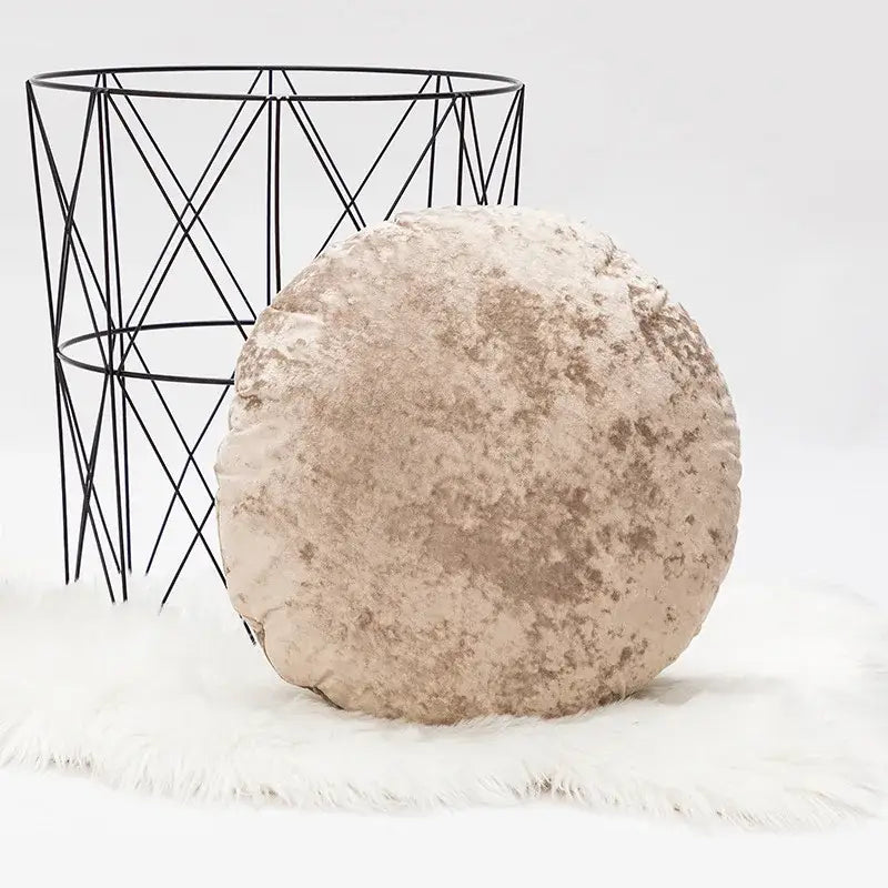 Beige velvet round pillow cover with textured slightly worn surface for dark grain decorbites living room decor