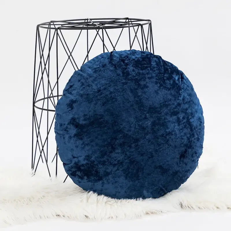 Deep blue velvet round pillow cover featuring dark grain texture for decorbites dark grain living room decor