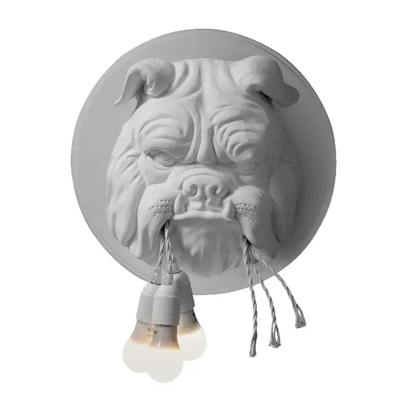 White sculpted bulldog wall lamp with three exposed bulbs hanging from its mouth for living room decorbites bulldog wall