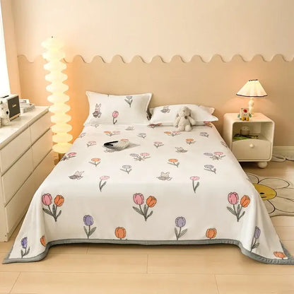White bedspread with playful pastel tulips and bunnies soft gray trim decorbites cartoon print flannel sofa cover